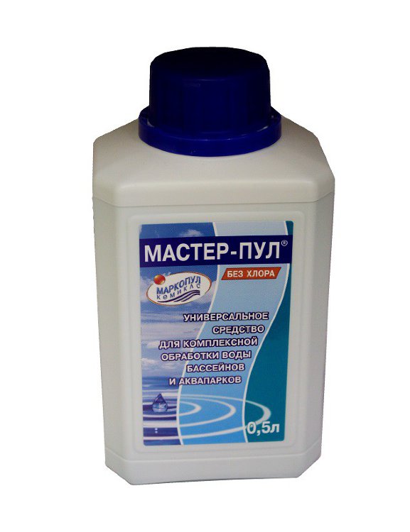 МАСТЕР-ПУЛ, 0,5л бутылка, жидкое безхлорное средство 4 в 1 для обеззараживания и очистки воды/М19